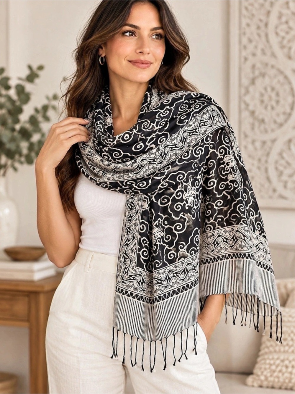 100% Silk Black Ivory Batik Scarf 65” Fringe Boho Lightweight Wrap Shawl Indones